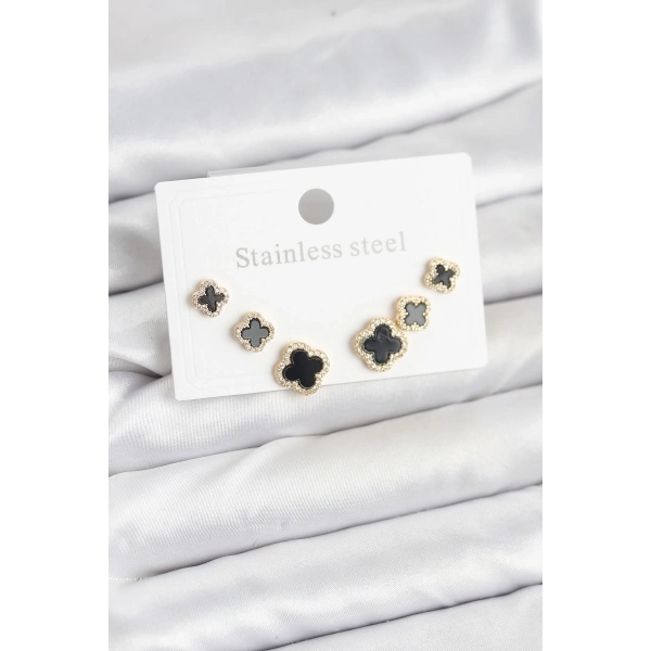 316L Çelik Zirkon Taşlı Yonca Model Kadın Küpe Seti