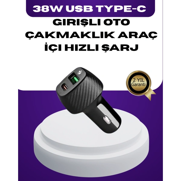 38W Çift Çıkışlı Araç Şarj Cihazı – Type-C ve USB PD Destekli
