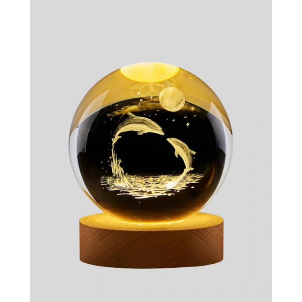 3D Yunus Desenli Kristal Küre Ahşap Tabanlı Işıklı Dekor Objesi