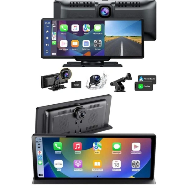 4K 10.2 İnç Çift Kameralı Araç Multimedya Ekranı CarPlay Kablosuz Tüm Cihazlara Uyumlu