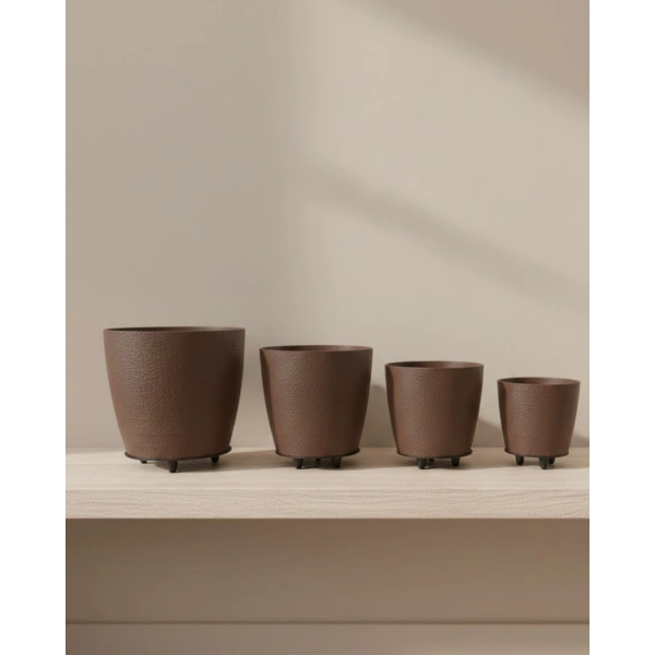 4’lü 3D Kahverengi Dekoratif Vazo Seti Modern Ayaklı Şık Saksı Takımı