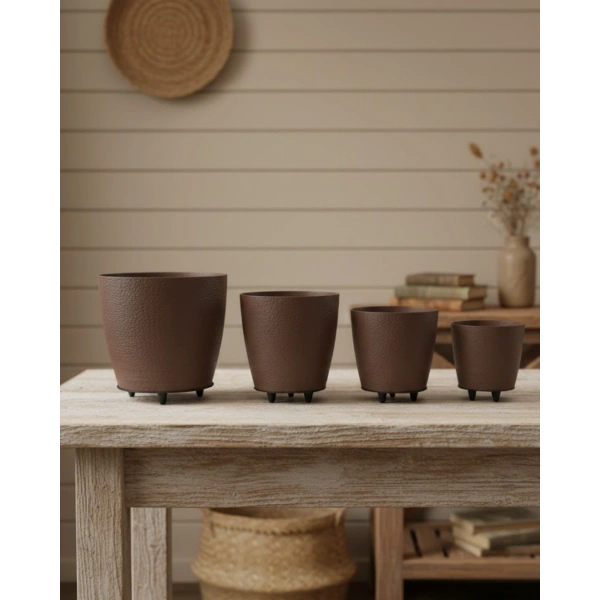 4’lü 3D Şık Kahverengi Vazo Seti Modern Ayaklı Saksı