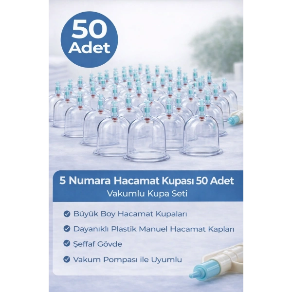 5 Numara Hacamat Kupası 50 Adet Vakumlu Kupa Seti – Manuel Pompa Uyumlu Şeffaf Plastik Büyük Boy Hacamat Kabı