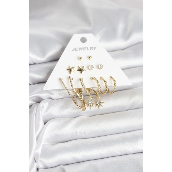 6 Çift Kadın Küpe Seti Gold Renk