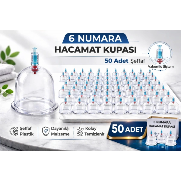 6 Numara Hacamat Kupası 50 Adet Vakumlu Kupa Bardak Dayanıklı Plastik Manuel Hacamat Kabı