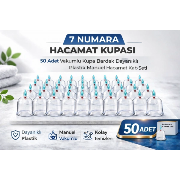 7 Numara Hacamat Kupası 50 Adet Vakumlu Kupa Bardak Dayanıklı Plastik Manuel Hacamat Kabı Seti