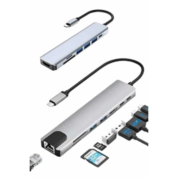 8 Port Çoklayıcı Macbook Ile Uyumlu Çoğaltıcı Type-C dönüştürücü TF SD kart