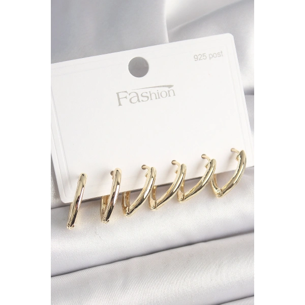 925 Ayar Gümüş Çivi Pirinç Gold Renk Üçgen Model Kadın Küpe Seti