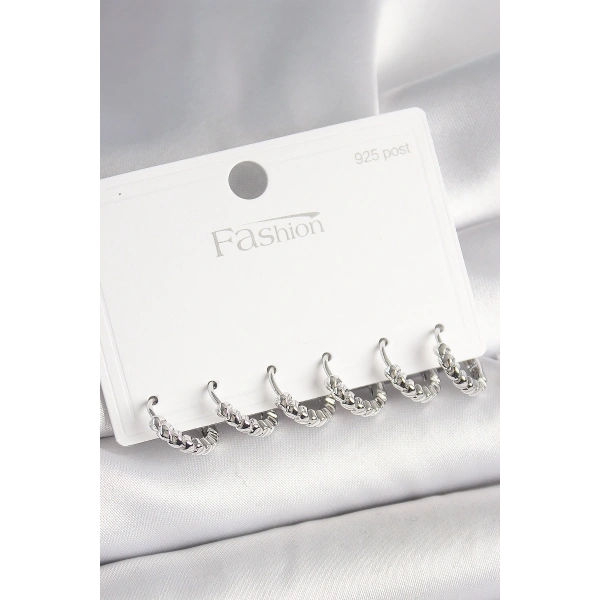 925 Ayar Gümüş Çivi Pirinç Gümüş Renk Kalp İşlemeli Halka Model Kadın Küpe Seti