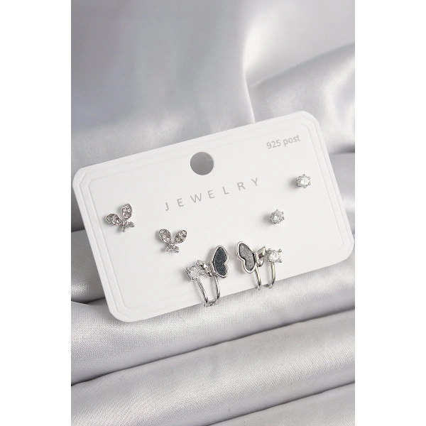 925 Ayar Gümüş Çivi Pirinç Gümüş Renk Zirkon Taşlı Kelebek Model Kadın Küpe Seti