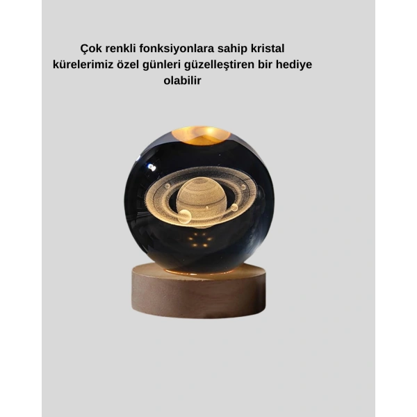 Ahşap Tabanlı 3D Satürn Kristal Küre Atmosfer Lambası
