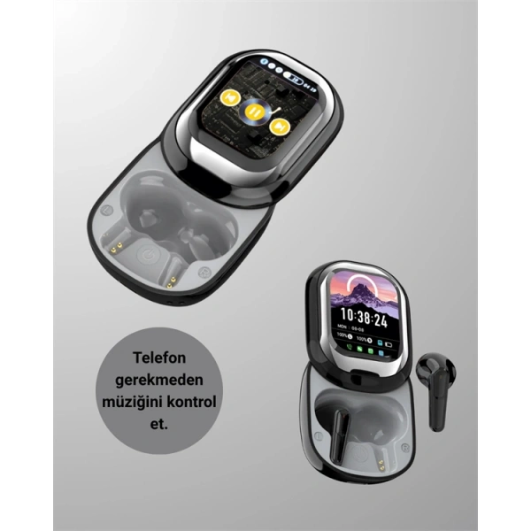 Akıllı Ekranlı Bluetooth 5.4 Kablosuz Kulaklık – Dokunmatik ve Şarj Kutulu
