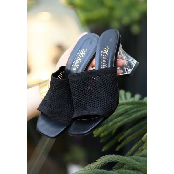 Akva Siyah Triko Şeffaf Topuklu Terlik