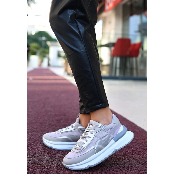 Aleh Gri Cilt Bağcıklı Spor Ayakkabı