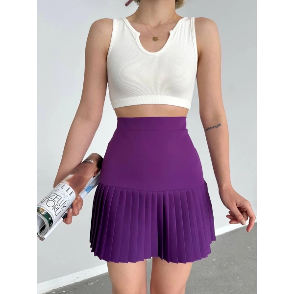 Altı pliseli mini etek Mor s24705