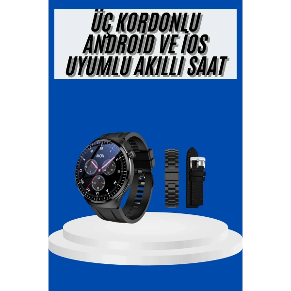 Amoled Ekran Akıllı Saat Üç Kordonlu İOS Android Uyumlu