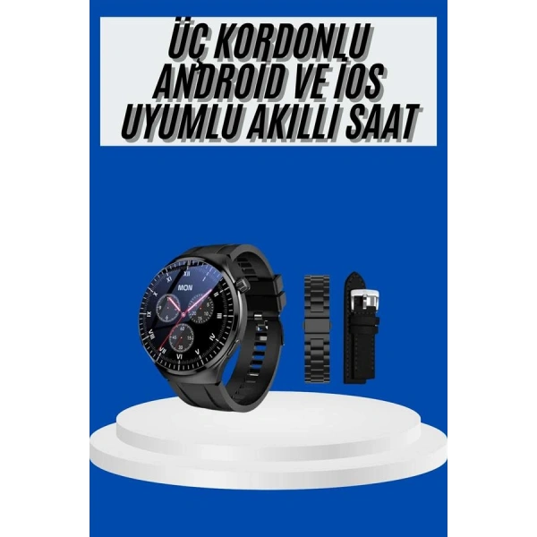 Amoled Ekran Akıllı Saat Üç Kordonlu İOS Android Uyumlu