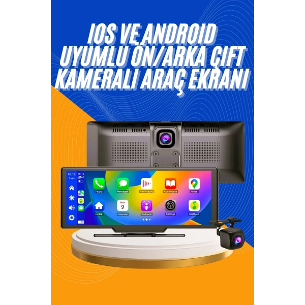 Android ve İOS Uyumlu Ön Arka Çift Kameralı Araç Ekranı Dokunmatik CarPlay