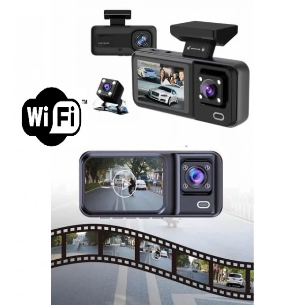 Araç Kamerası - 3 Kameralı Wifi Ön , İç ve Arka Full HD DVR Araç İçi Ekranlı Kamera