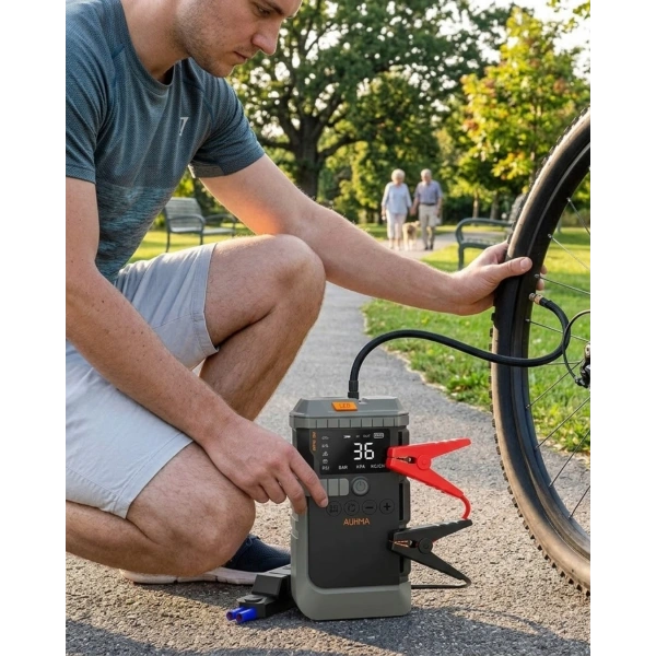 Araç Lastik Basınç Pompası Akü Takviye Powerbank ve SOS Işıklı Çok Fonksiyonlu Cihaz