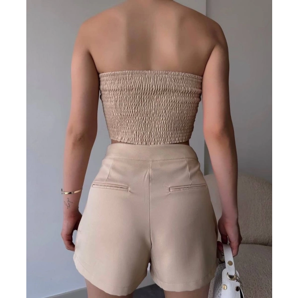 Arkadan büzgülü esnek büstiyer bej