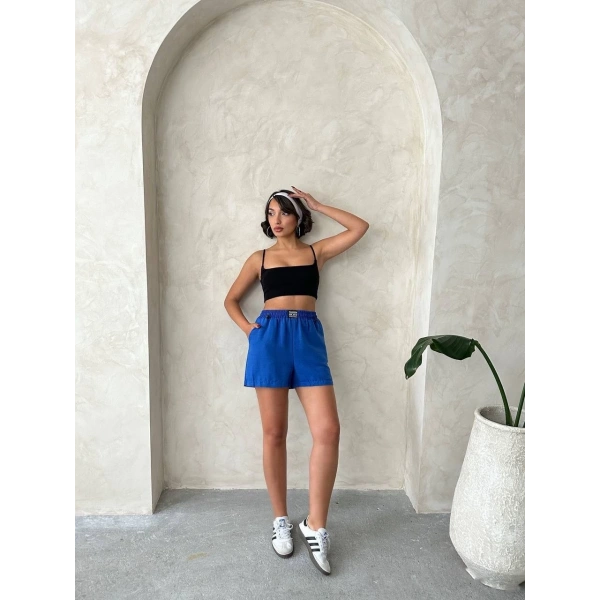Armalı keten şort saks mavisi s251003