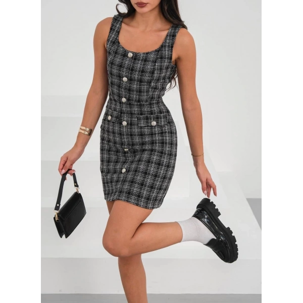 Askılı ch kumaş düğmeli elbise siyahbeyaz h265007