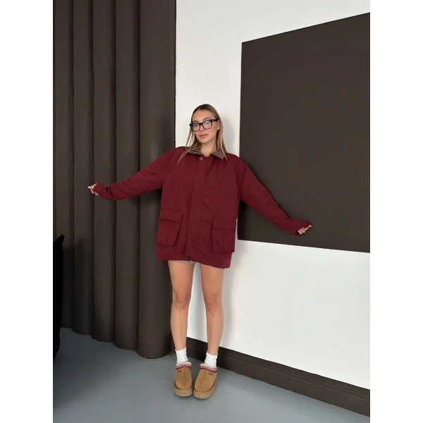 Astarlı yaka detaylı artos ceket bordo st2651019