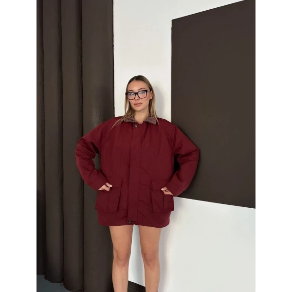 Astarlı yaka detaylı artos ceket bordo st2651019