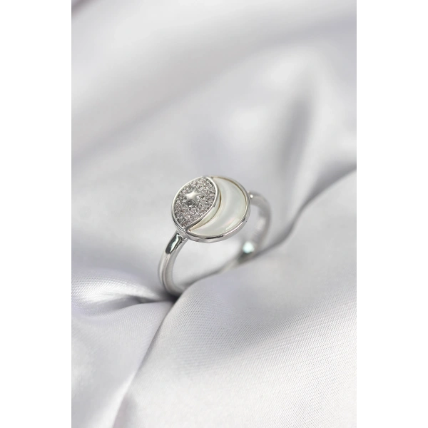 Ay Yıldız Model Gümüş Renk Zirkon Taşlı Kadın Yüzük