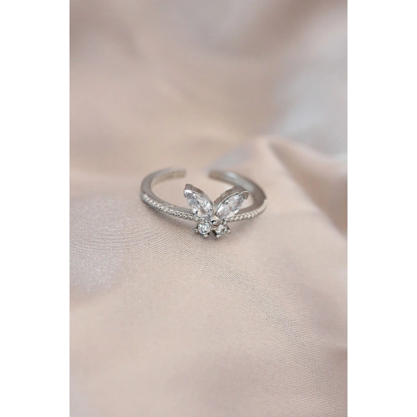 Ayarlamalı Gümüş Renk Metal Zirkon Taş ve Kristal Taşlı Kelebek Model Yüzük