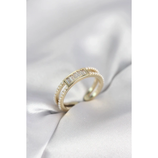 Baget Zirkon Taşlı Gold Renk İncili Kadın Yüzük