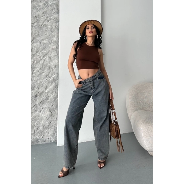 Baggy kar yıkama eskitme kahve jeans pantolon d2007