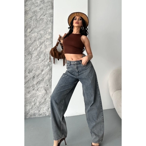 Baggy kar yıkama eskitme kahve jeans pantolon d2007