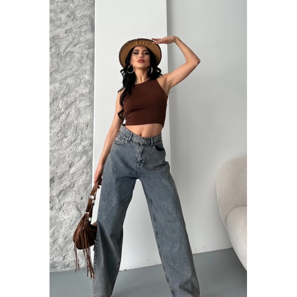 Baggy kar yıkama eskitme kahve jeans pantolon d2007