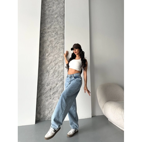 Baggy kar yıkama orta mavi jeans pantolon d2007