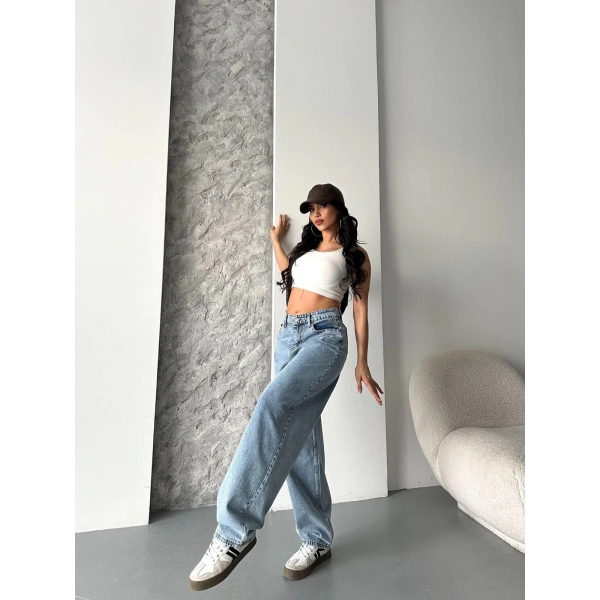 Baggy kar yıkama orta mavi jeans pantolon d2007