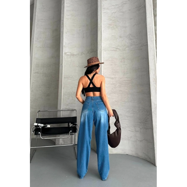 Baggy süper taş bıyık yıkama mavi jeans pantolon d2007