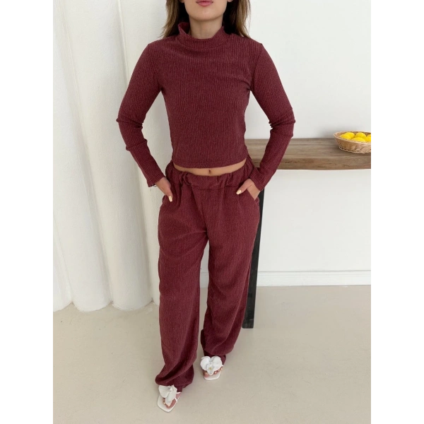 Balıkçı yaka örme takım bordo st265865