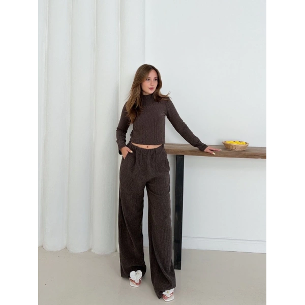 Balıkçı yaka örme takım kahve st265865