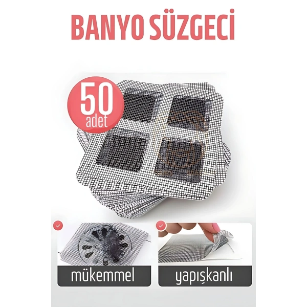 Banyo Gider Süzgeci 50 Adet Yapışkanlı Filtre, 10x10 cm