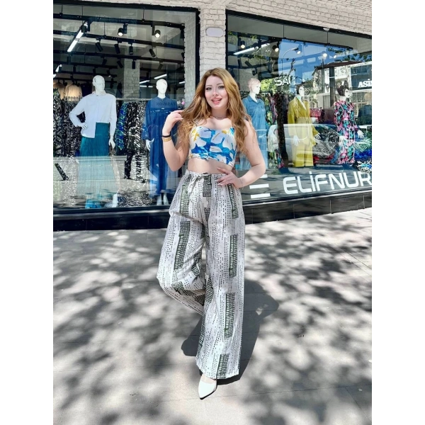 Baskılı Bağcıklı keten pantolon krem