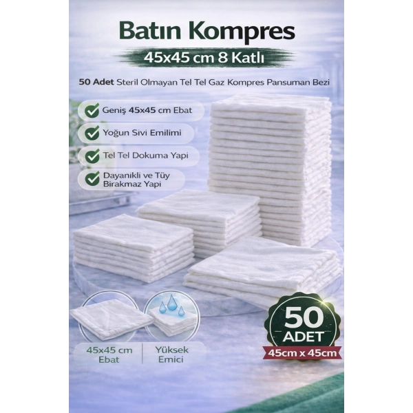 Batın Kompres 45x45 cm 8 Katlı 50 Adet Tel Tel Gaz Kompres Steril Olmayan Pansuman Bezi
