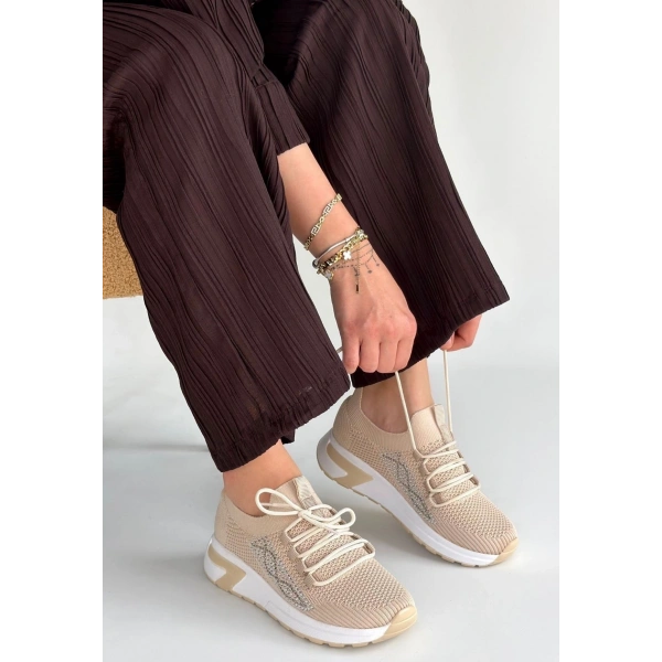 Belan Bej Triko Bağcıklı Spor Ayakkabı