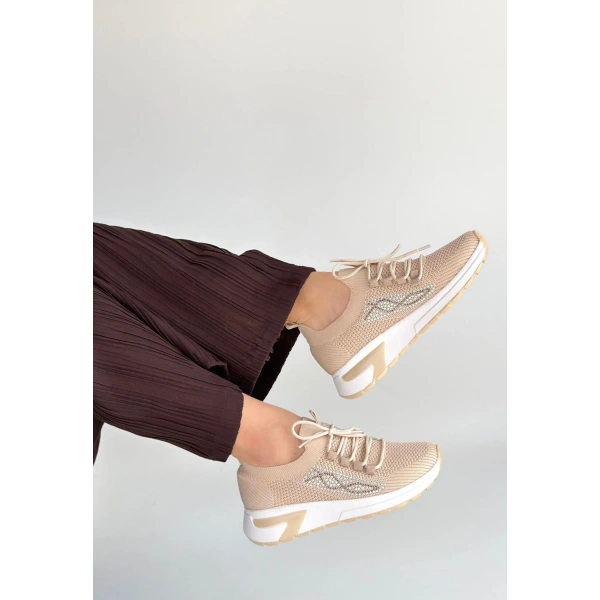Belan Bej Triko Bağcıklı Spor Ayakkabı