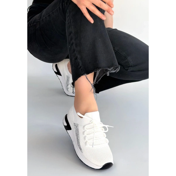 Belan Beyaz Triko Bağcıklı Spor Ayakkabı