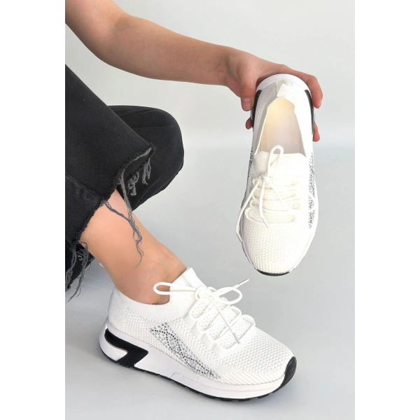 Belan Beyaz Triko Bağcıklı Spor Ayakkabı
