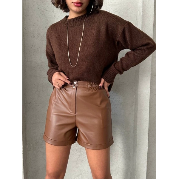 Beli lastikli çıtçıtlı deri şort kahve w241007