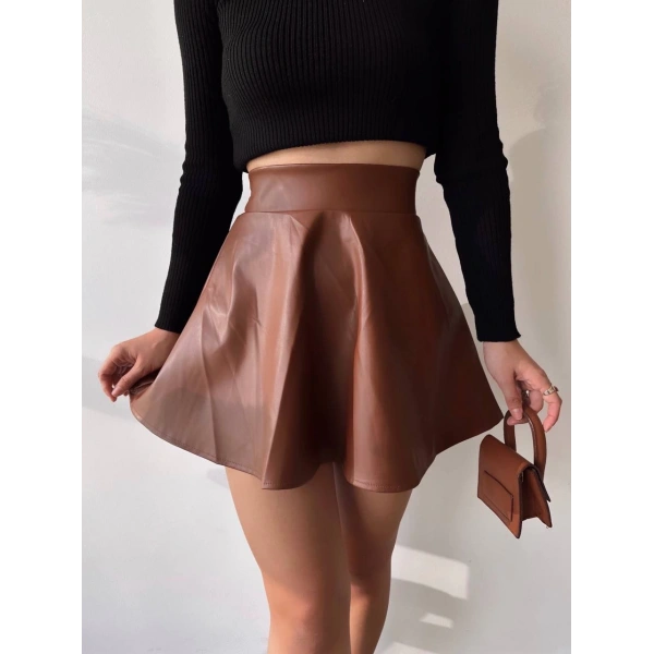 Beli lastikli deri etek kahve s24599