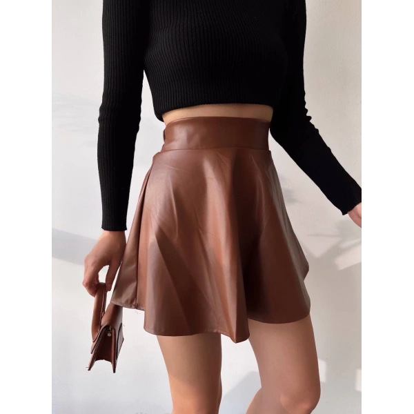 Beli lastikli deri etek kahve s24599